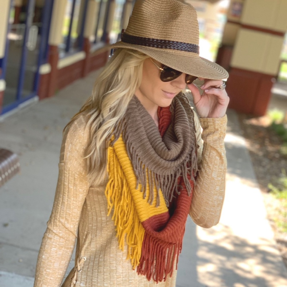Yellow, rust, brown infinity fringe scarf - Picture 4 of 7